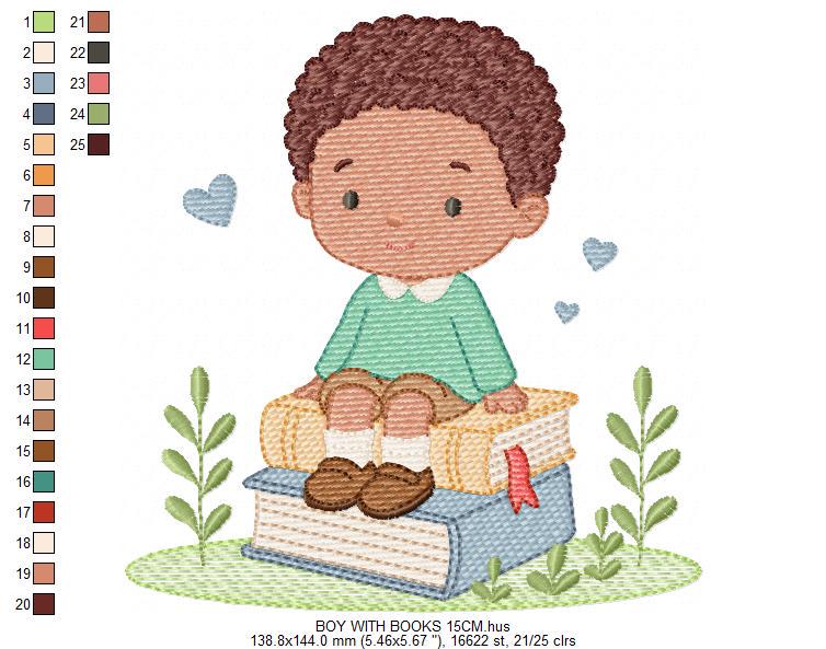 Baby Boy with books embroidery designs - School Student Toddler with books and hearts machine embroidery pattern - Instant download pes jef (Copy) Marcia Embroidery