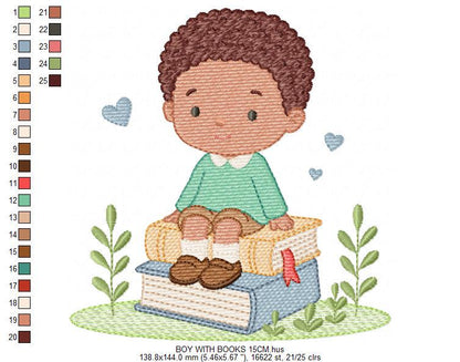 Baby Boy with books embroidery designs - School Student Toddler with books and hearts machine embroidery pattern - Instant download pes jef (Copy) Marcia Embroidery