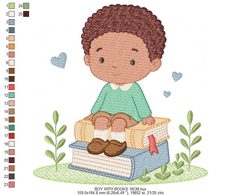 Baby Boy with books embroidery designs - School Student Toddler with books and hearts machine embroidery pattern - Instant download pes jef (Copy) Marcia Embroidery