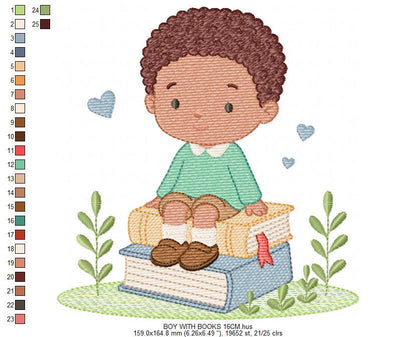 Baby Boy with books embroidery designs - School Student Toddler with books and hearts machine embroidery pattern - Instant download pes jef (Copy) Marcia Embroidery