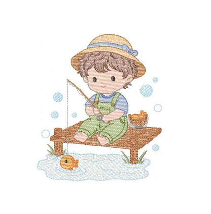 Fishing boy embroidery design - Baby Fisher boy machine embroidery pattern - Children toddler file - instant download pes