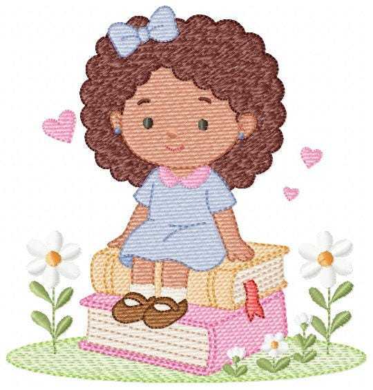 Baby girl with books embroidery design - Curly Black Hair Girl with flowers machine embroidery pattern - Princess embroidery - Instant digital download pes jef dst Marcia Embroidery