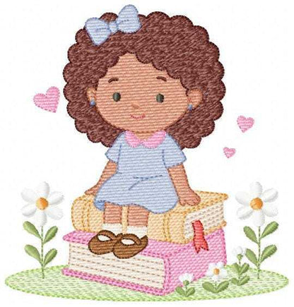 Baby girl with books embroidery design - Curly Black Hair Girl with flowers machine embroidery pattern - Princess embroidery - Instant digital download pes jef dst Marcia Embroidery