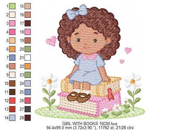 Baby girl with books embroidery design - Curly Black Hair Girl with flowers machine embroidery pattern - Princess embroidery - Instant digital download pes jef dst Marcia Embroidery