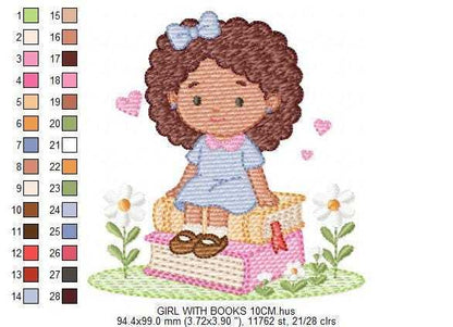 Baby girl with books embroidery design - Curly Black Hair Girl with flowers machine embroidery pattern - Princess embroidery - Instant digital download pes jef dst Marcia Embroidery