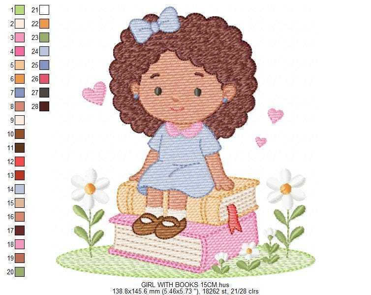 Baby girl with books embroidery design - Curly Black Hair Girl with flowers machine embroidery pattern - Princess embroidery - Instant digital download pes jef dst Marcia Embroidery