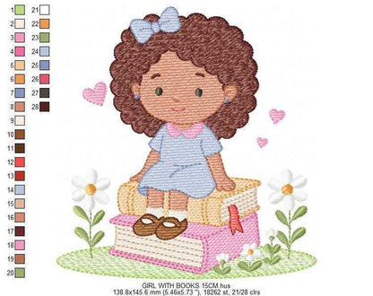 Baby girl with books embroidery design - Curly Black Hair Girl with flowers machine embroidery pattern - Princess embroidery - Instant digital download pes jef dst Marcia Embroidery