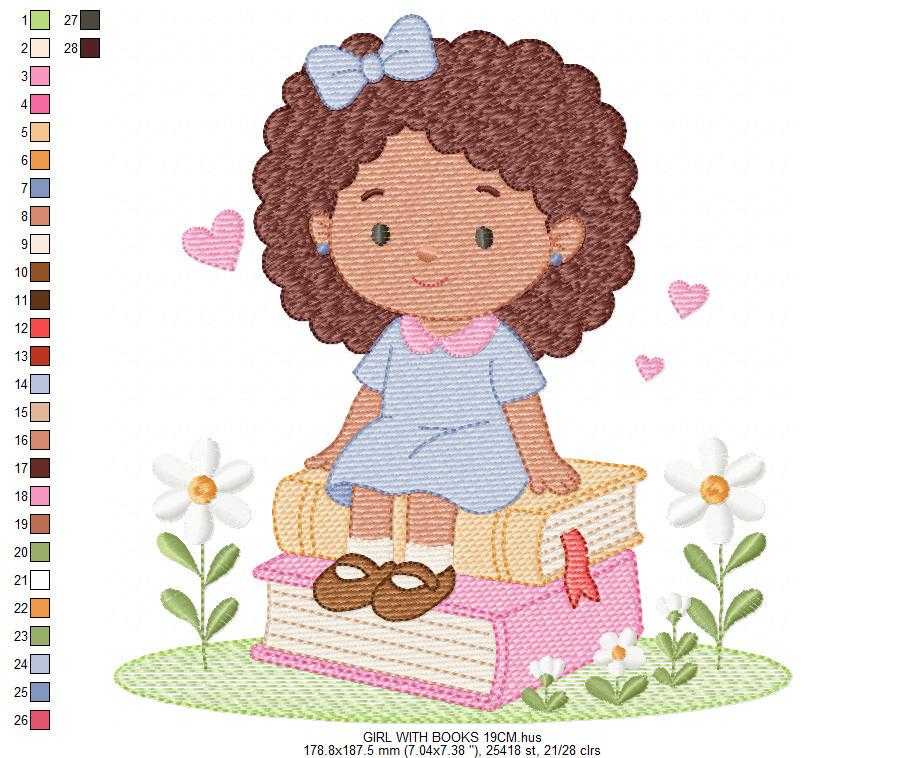 Baby girl with books embroidery design - Curly Black Hair Girl with flowers machine embroidery pattern - Princess embroidery - Instant digital download pes jef dst Marcia Embroidery