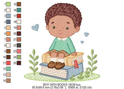 Baby Boy with books embroidery designs - School Student Toddler with books and hearts machine embroidery pattern - Instant download pes jef (Copy) Marcia Embroidery