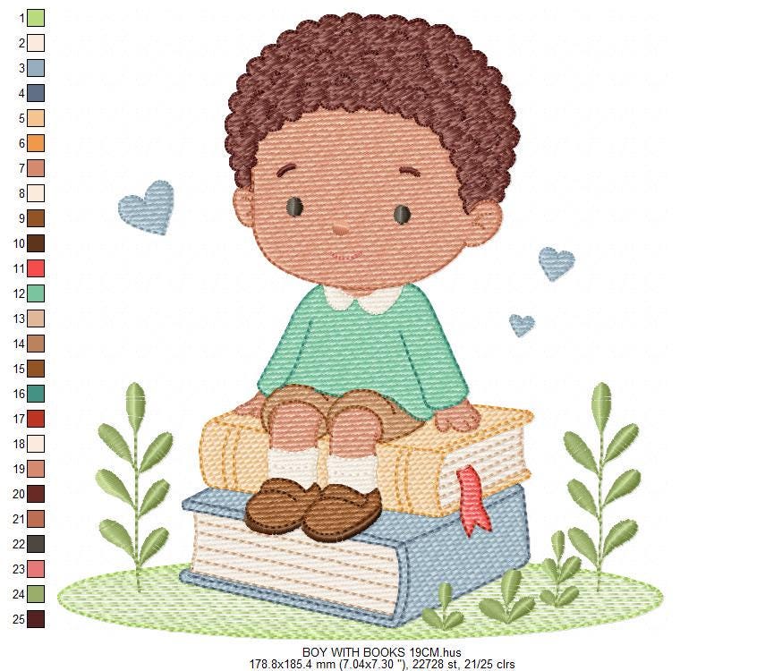 Baby Boy with books embroidery designs - School Student Toddler with books and hearts machine embroidery pattern - Instant download pes jef (Copy) Marcia Embroidery