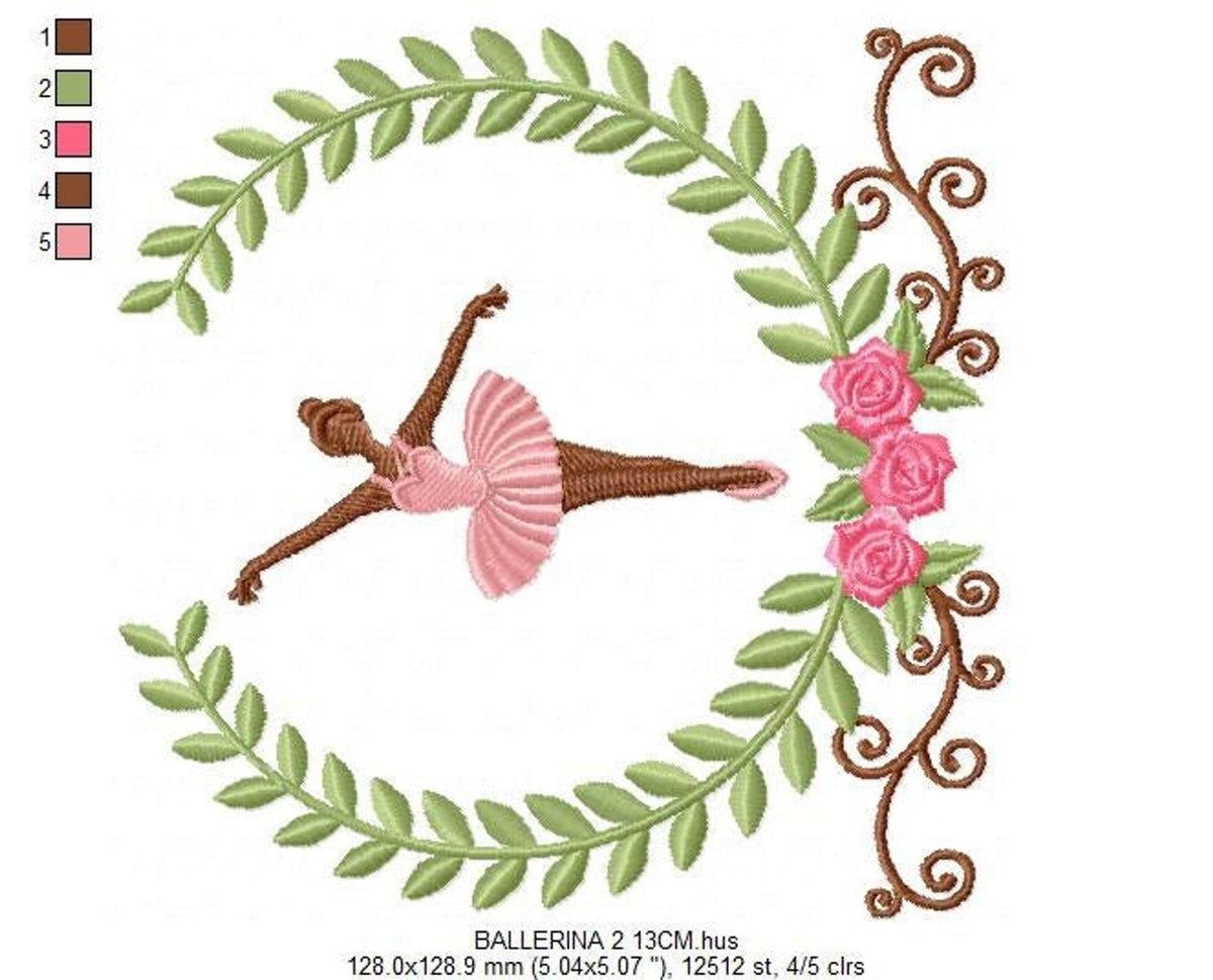 Ballerina Embroidery Design – Delicate Laurel Frame Machine Pattern (Digital Download)