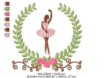 Ballerina Embroidery Design – Delicate Laurel Frame Machine Pattern (Digital Download)
