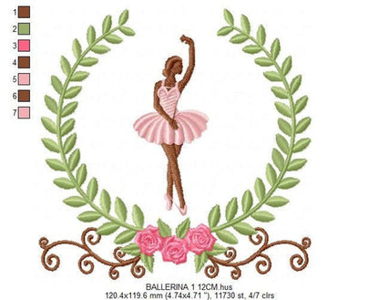Ballerina Embroidery Design – Delicate Laurel Frame Machine Pattern (Digital Download)