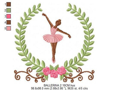 Ballerina Embroidery Design – Delicate Laurel Frame Machine Pattern (Digital Download)