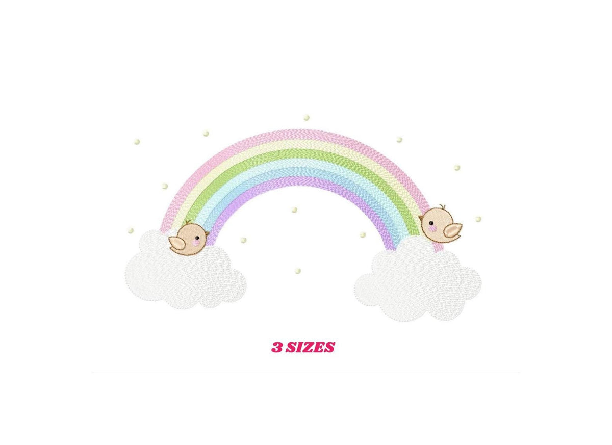 Small centered pastel rainbow arching over fluffy clouds with a sleeping baby face, baby rainbow embroidery design preview