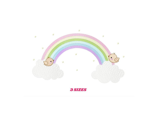 Small centered pastel rainbow arching over fluffy clouds with a sleeping baby face, baby rainbow embroidery design preview