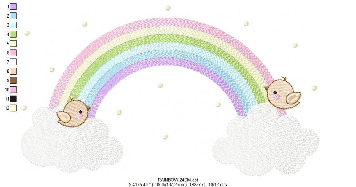 Rainbow paired with left-side thread color chart and swatches, pastel rainbow embroidery file color guide