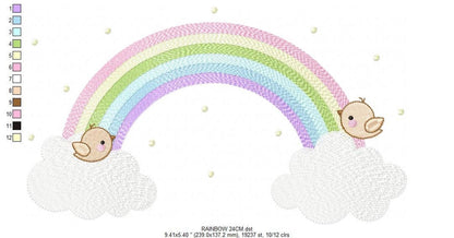 Rainbow paired with left-side thread color chart and swatches, pastel rainbow embroidery file color guide