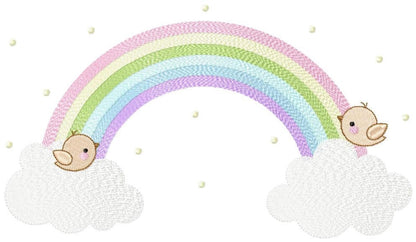 Full clean view of soft rainbow and sleeping baby in cloud, newborn nursery embroidery design presentation