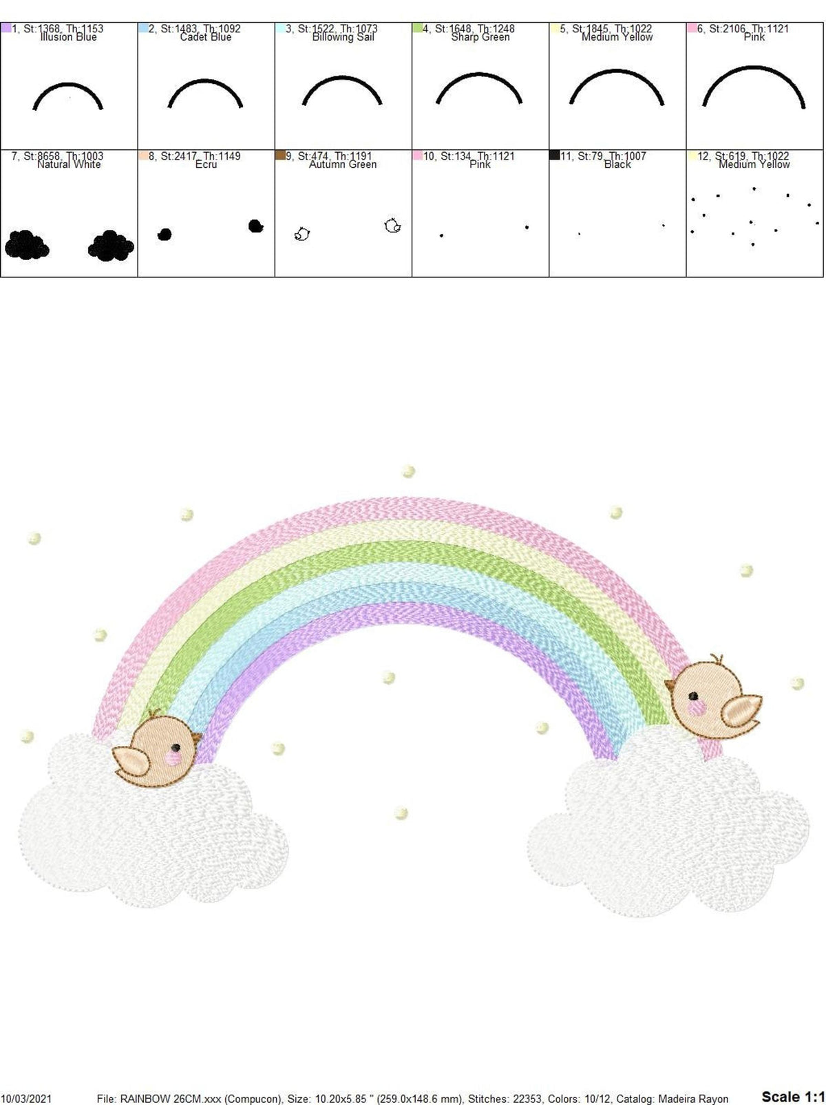 Hoop placement diagrams and stitch sequence icons, ITH baby embroidery design download instructions graphic