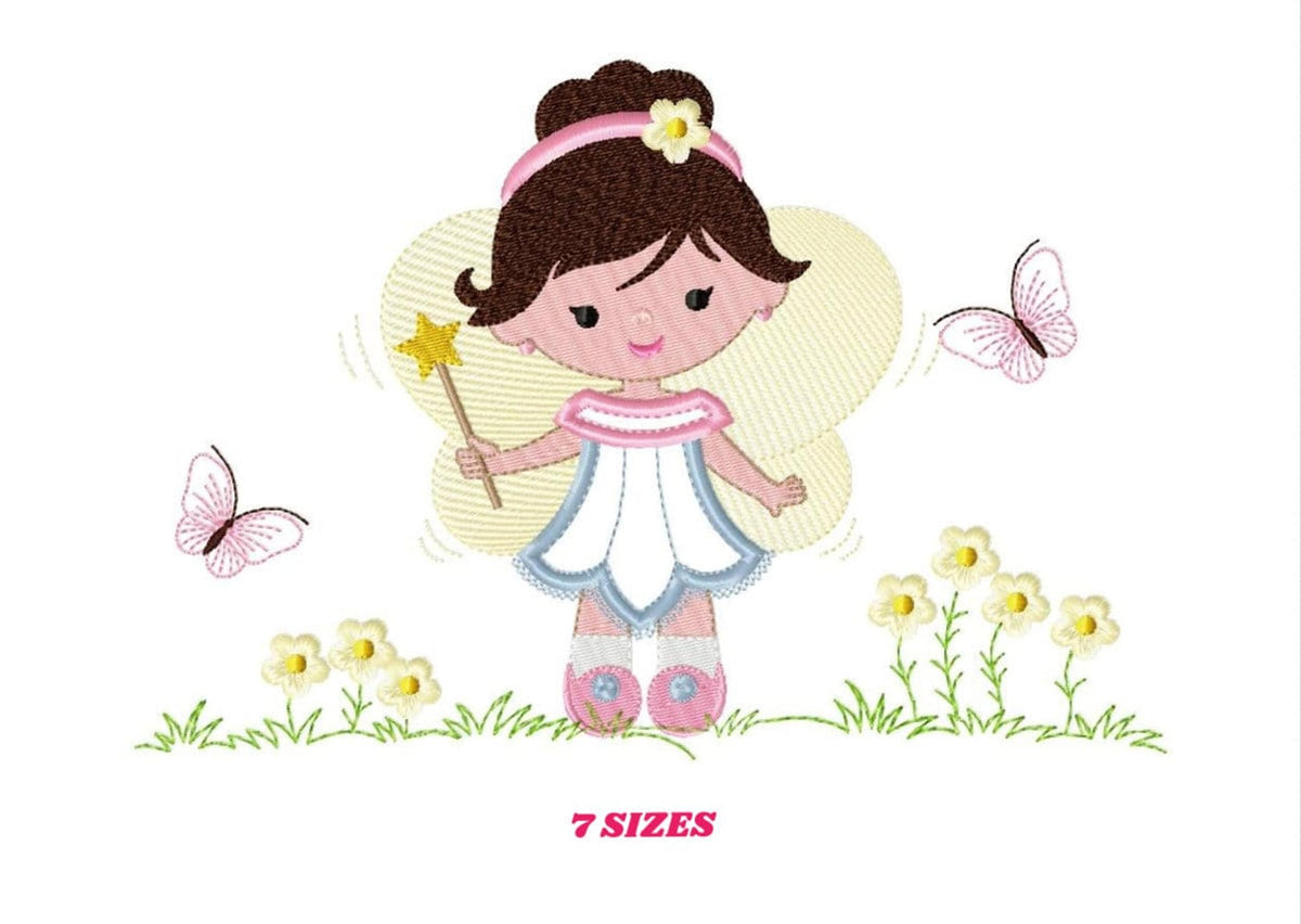 Sweet fairy applique embroidery design, full front view, brown-bun angel girl with wand, butterflies