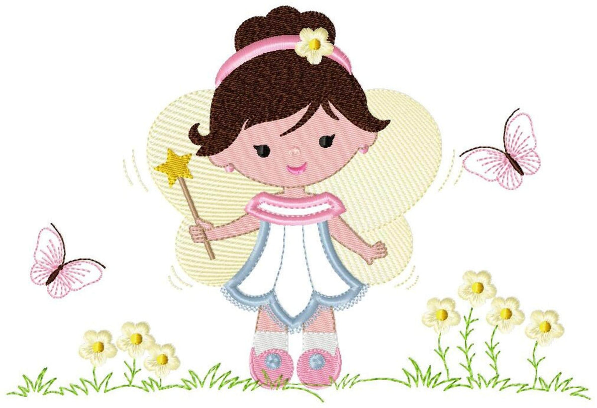 Full-size fairy embroidery design preview, pastel dress and wings standing on grass with pink butterflies