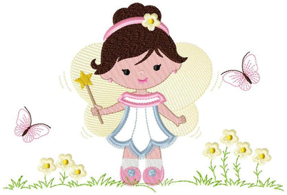 Full-size fairy embroidery design preview, pastel dress and wings standing on grass with pink butterflies