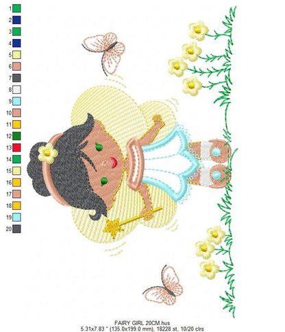 Vertical hoop mockup showing pixie girl applique design in alternate skin tone, daisies and fluttering butterfly