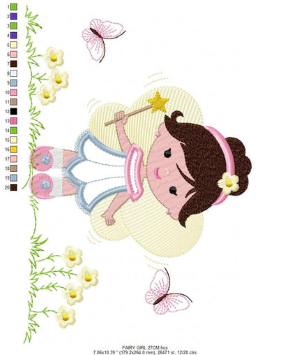 Upside-down layout of cute fairy machine embroidery, star wand, pink shoes, tiny flowers and butterflies