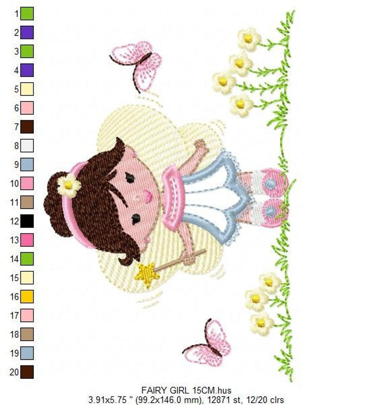 Long hoop sample for kids clothing applique design, smiling fairy with bun, pastel gown and wing details