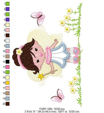 Long hoop sample for kids clothing applique design, smiling fairy with bun, pastel gown and wing details