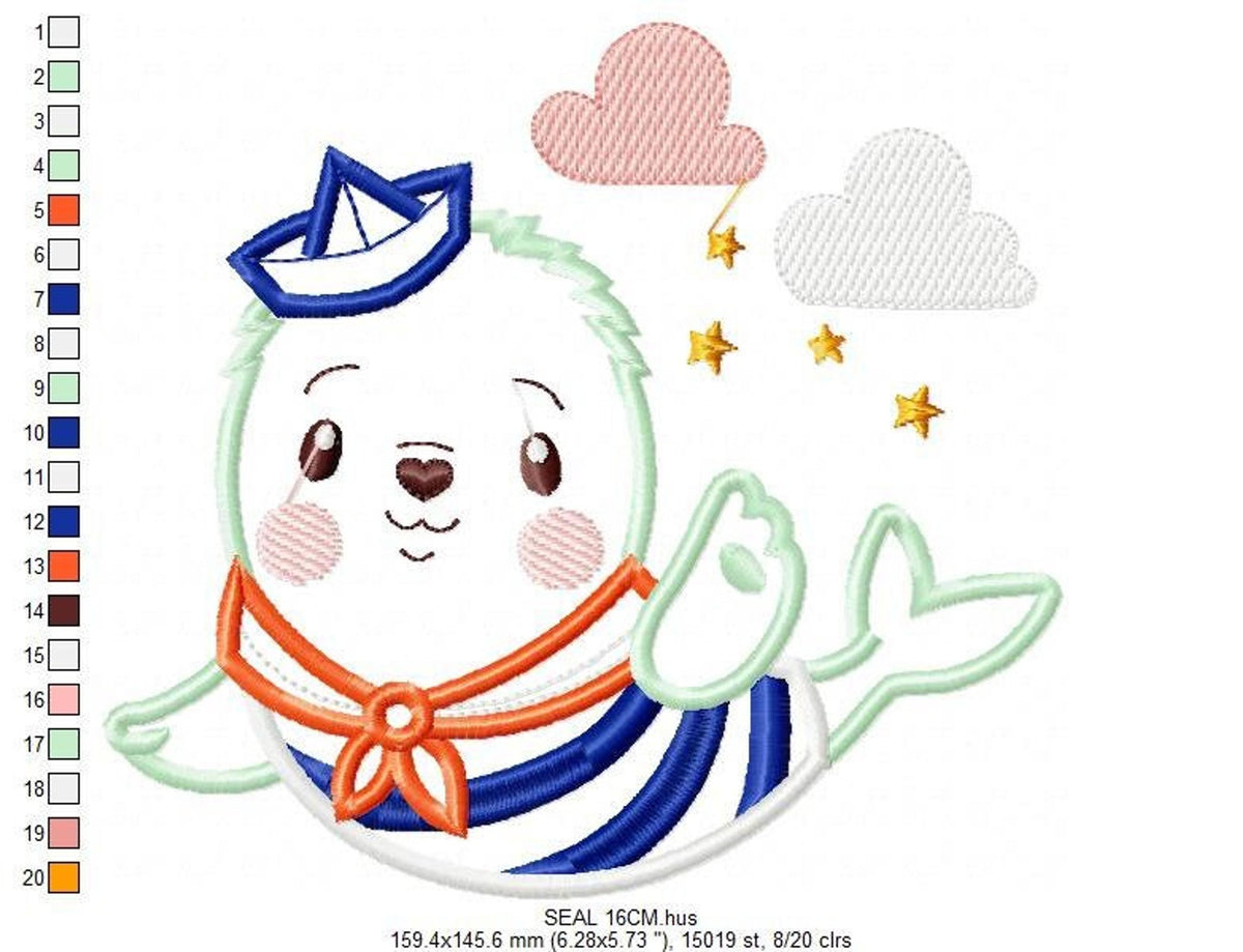Three-quarter sailor seal with multicolor swatches beside it, cute seal embroidery pattern for baby bib burp cloths