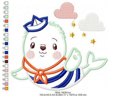 Three-quarter sailor seal with multicolor swatches beside it, cute seal embroidery pattern for baby bib burp cloths