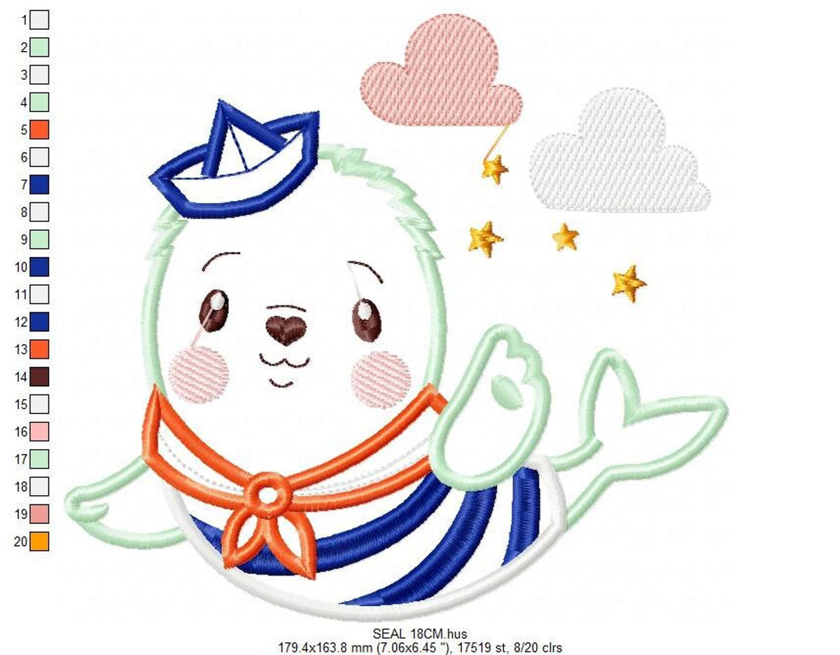 Sailor seal centered with pastel clouds and tiny stars, size dimensions printed below, machine embroidery applique