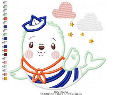 Sailor seal centered with pastel clouds and tiny stars, size dimensions printed below, machine embroidery applique