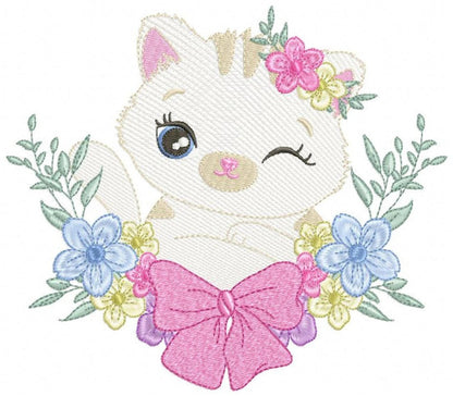 Close-up kawaii cat face with ripple texture stitches, soft pink bow and blossoms, cute cat embroidery design