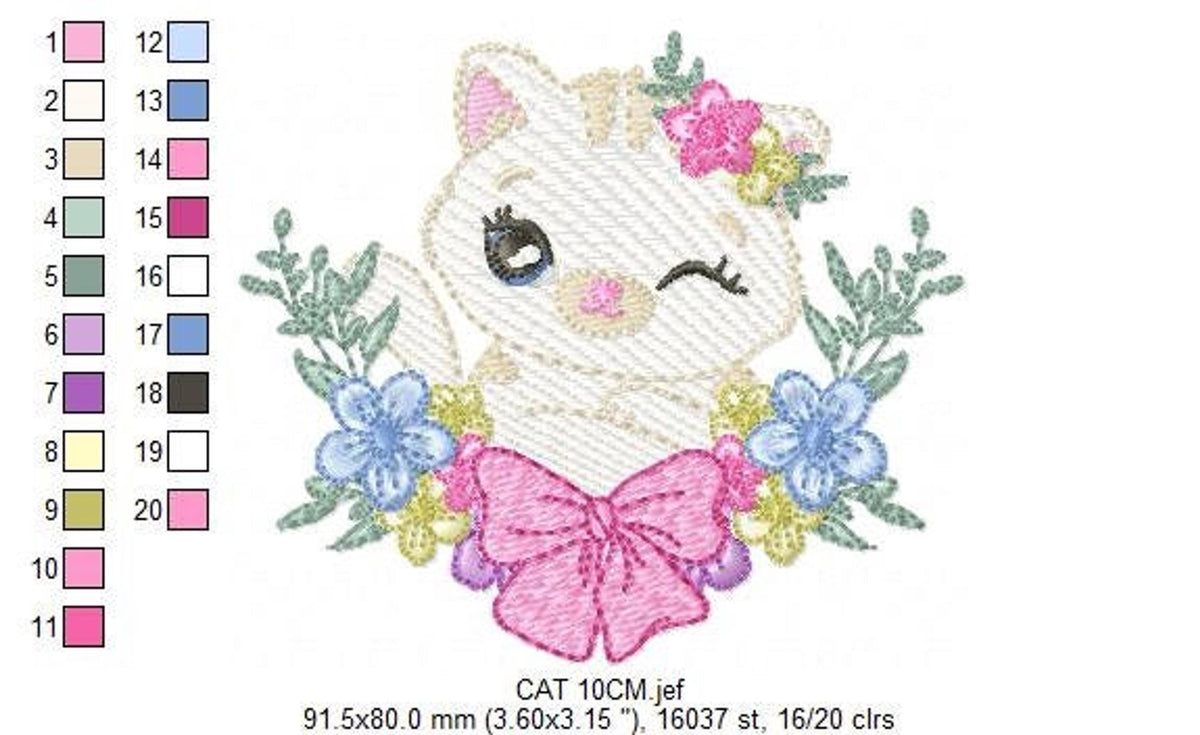 Centered design with color chart at right, swatch key for kawaii cat embroidery file, soft baby palette