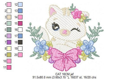 Centered design with color chart at right, swatch key for kawaii cat embroidery file, soft baby palette