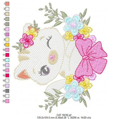 Tilted kitty angled left, large pink bow at lower right, surrounding flowers and visible color key, kitty machine embroidery pattern