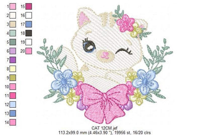 Medium centered floral cat, fine outline stitches and leaf sprigs, nursery cat embroidery pattern with charted colors