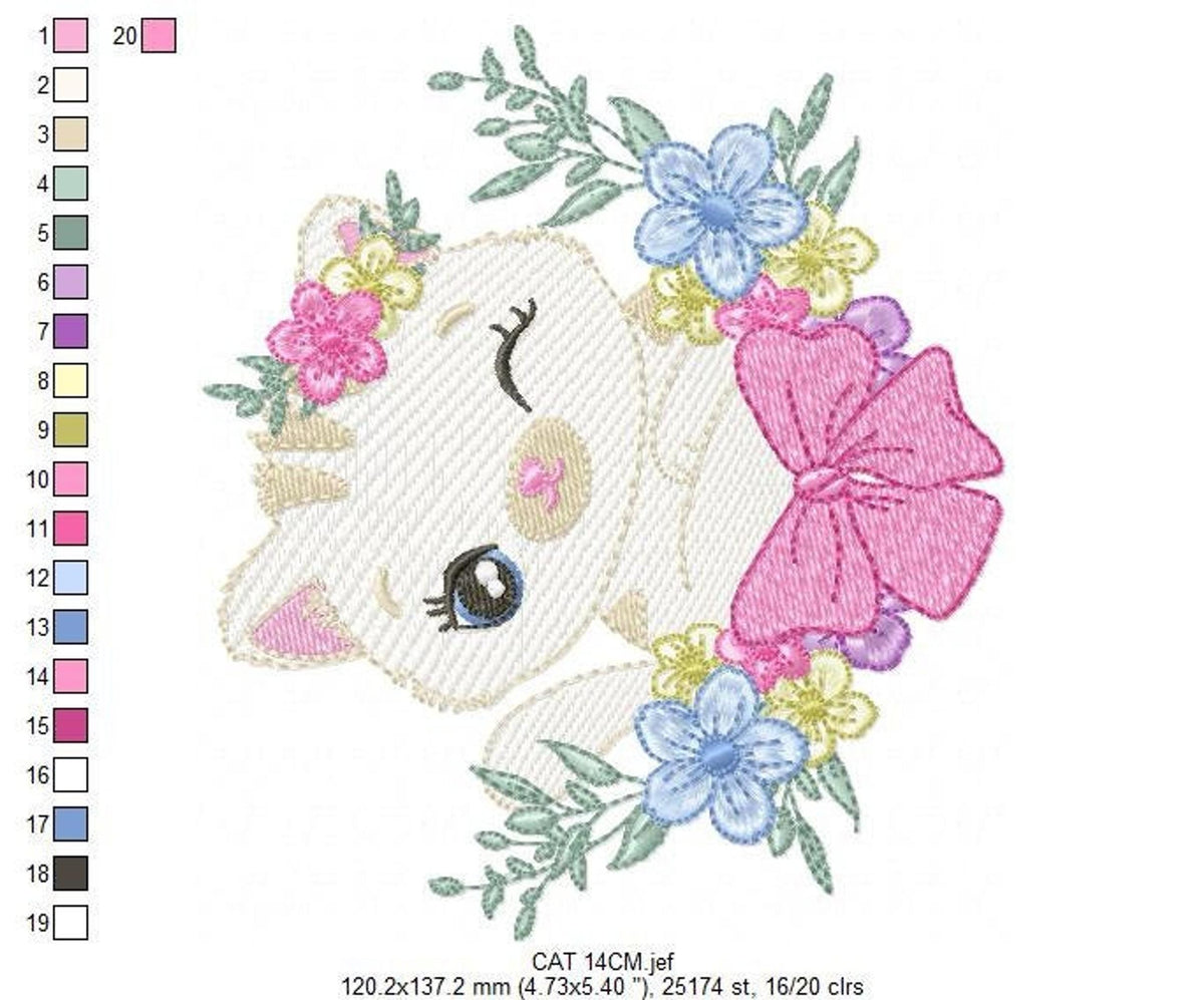Side view kitty tilted right, winking eye amid blue and pink blooms, baby girl cat embroidery design for burp cloths