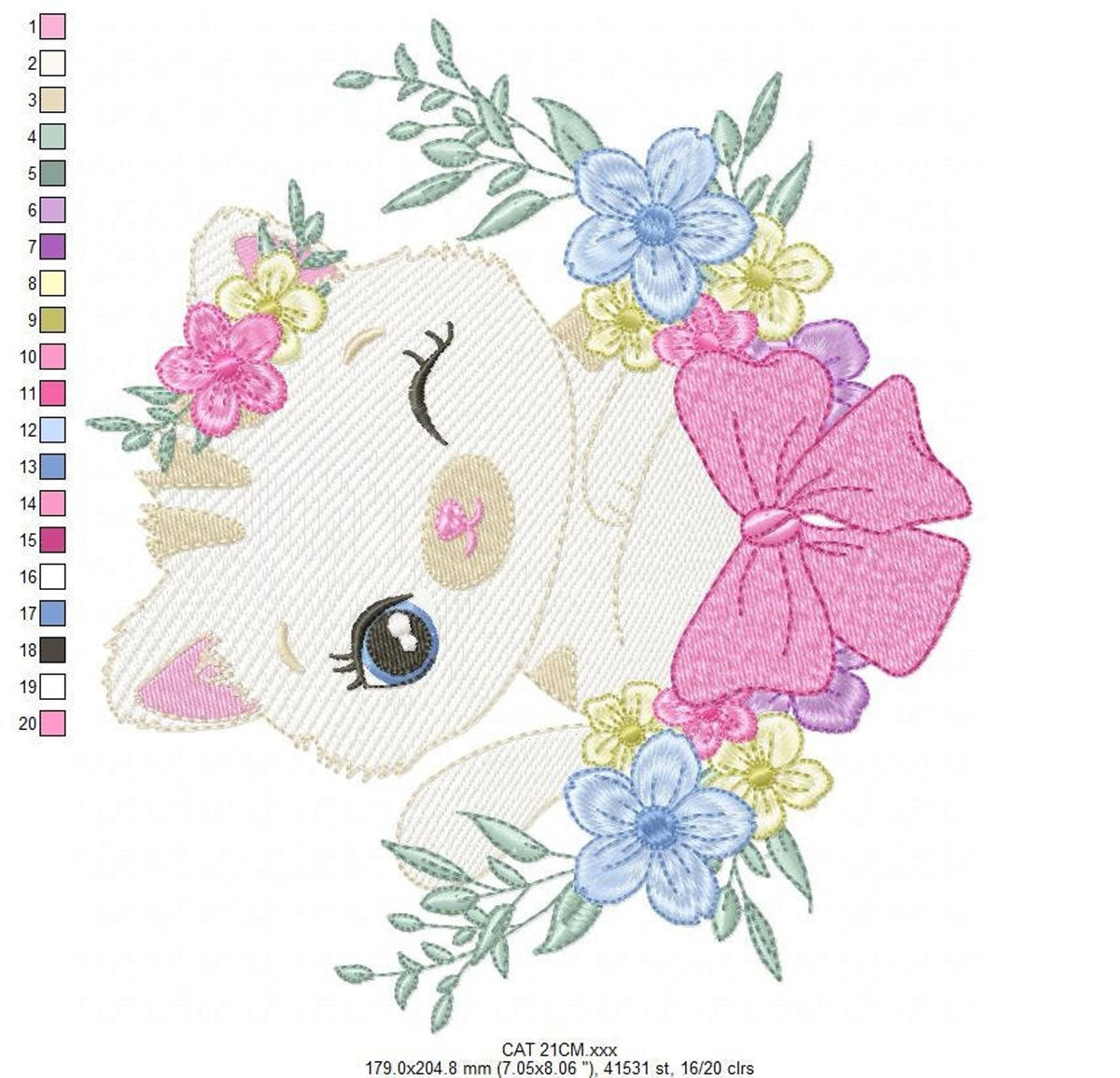 Wreath-framed kitty angled, bold pink bow and left palette strip, digital cat embroidery download showing sizes