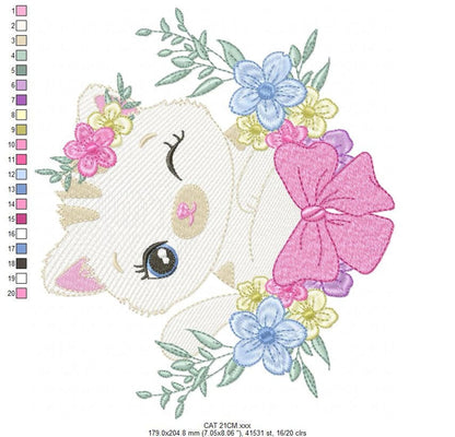 Wreath-framed kitty angled, bold pink bow and left palette strip, digital cat embroidery download showing sizes