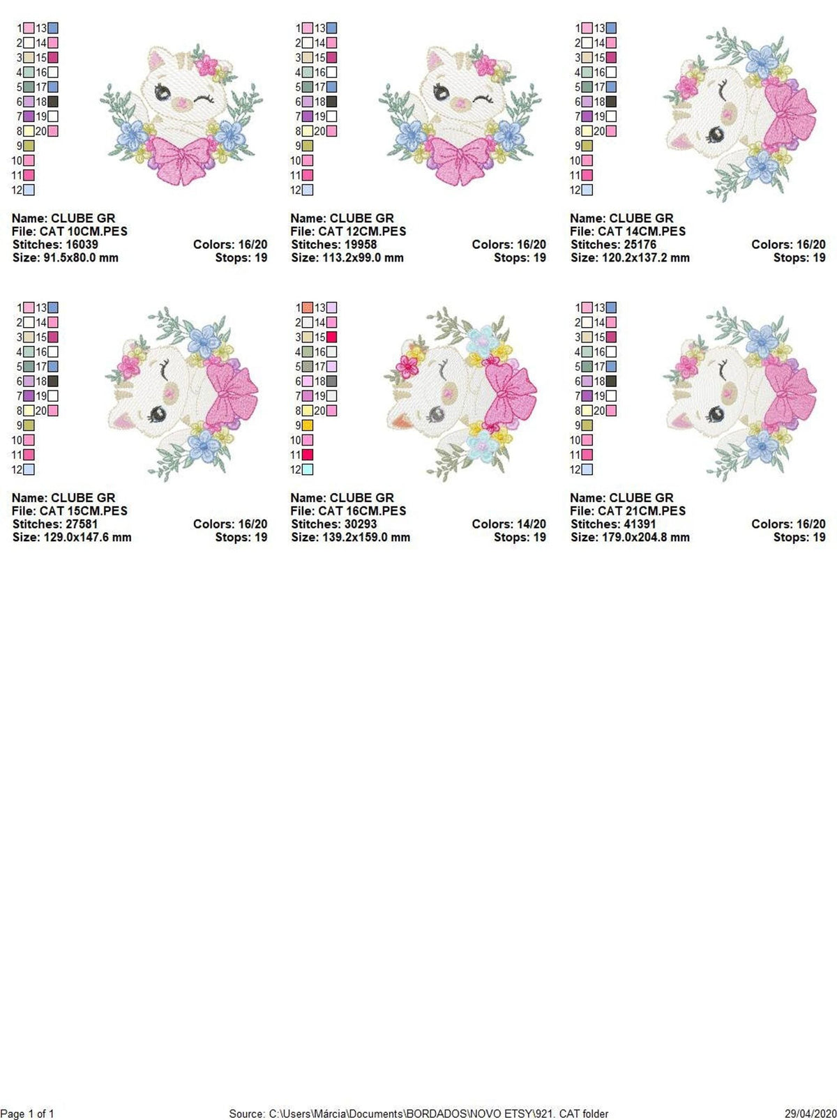 Grid of six scaled thumbnails showing each hoop size, cute cat embroidery design previews for selecting files