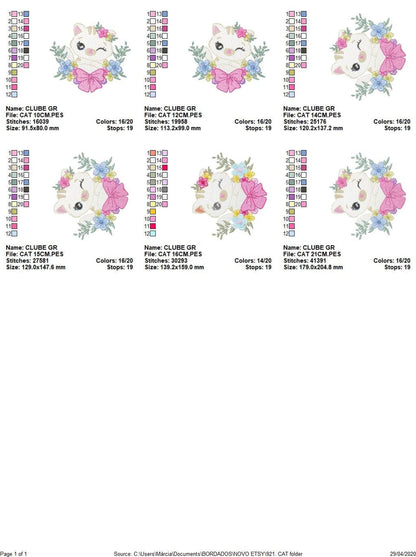 Grid of six scaled thumbnails showing each hoop size, cute cat embroidery design previews for selecting files