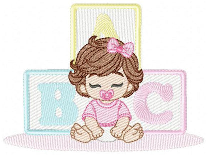 Close-up, baby girl embroidery design seated with pacifier, brown waves, pink bow, pastel yellow blue pink blocks
