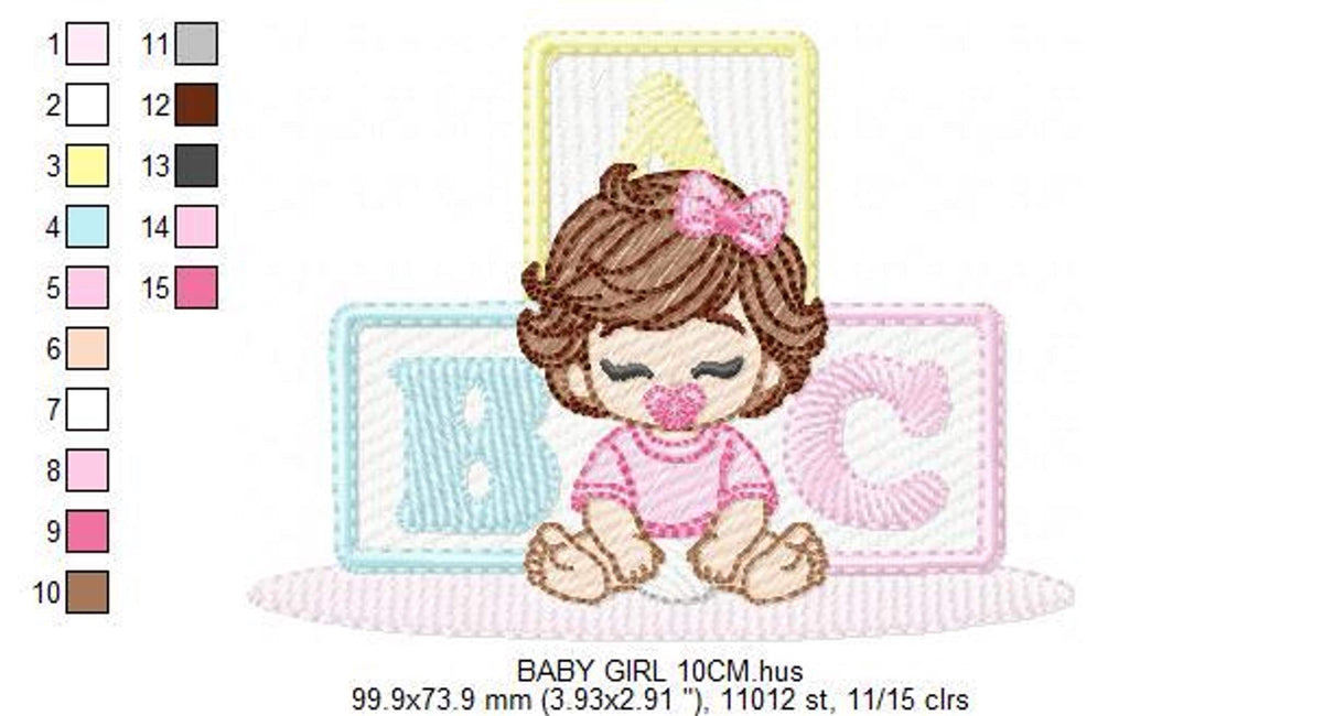 Baby girl embroidery design with color chart and numbered thread swatches, stitch color key beside cartoon baby