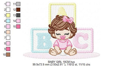 Baby girl embroidery design with color chart and numbered thread swatches, stitch color key beside cartoon baby