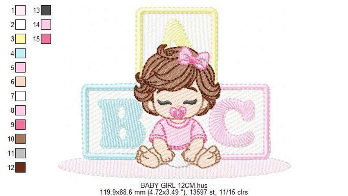 Baby girl machine embroidery design with stitch counts and size info displayed beneath pastel ABC blocks
