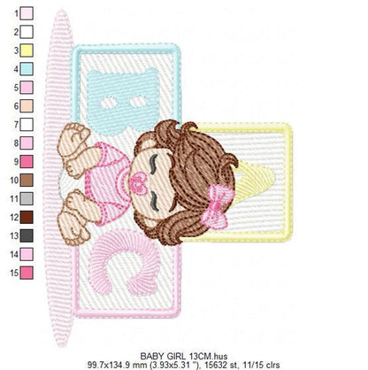 Vertical layout showing newborn baby embroidery pattern, baby with pacifier, color stop list along the side